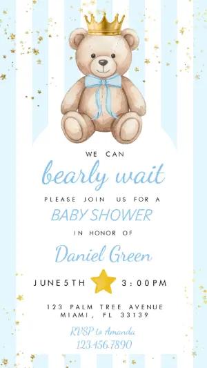 Prince Teddy Bear Baby Shower Invitation | Editable Template