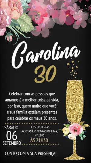 Convite de Aniversário Floral Preto e Dourado para Editar