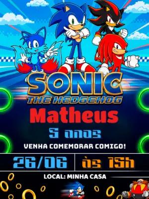 Convite de Aniversário Sonic The Hedgehog Digital para Editar