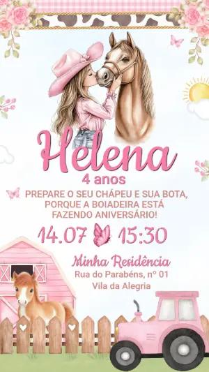 Convite de Aniversário Boiadeira Rosa com Cavalo para Editar