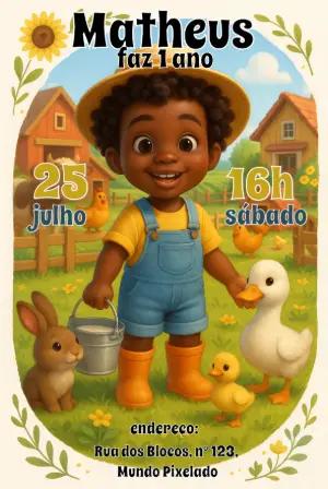 Convite de Aniversário Fazendinha Menino para Editar Online