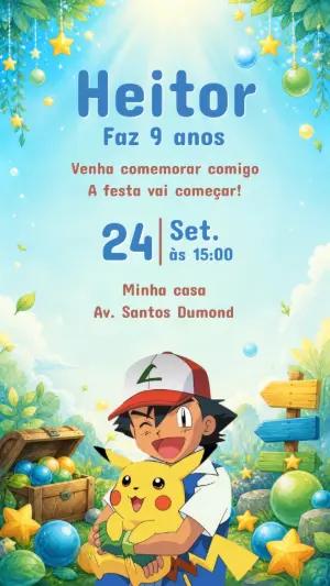 Convite de Aniversário Pokémon Editável com Ash e Pikachu