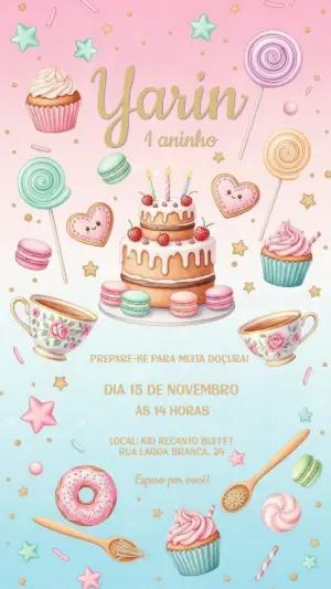Convite Aniversário Mundo dos Doces para Editar Online