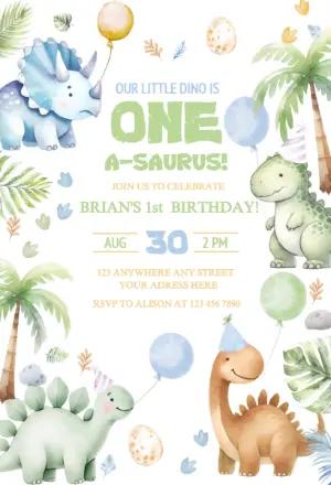 Cute Dinosaur 1st Birthday Invitation | Editable Template