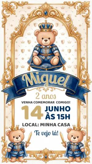 Convite Digital Ursinho Príncipe Real Editável para Aniversário