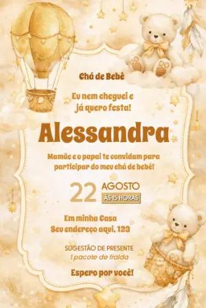 Convite Chá de Bebê Ursinho Baloeiro Dourado para Editar