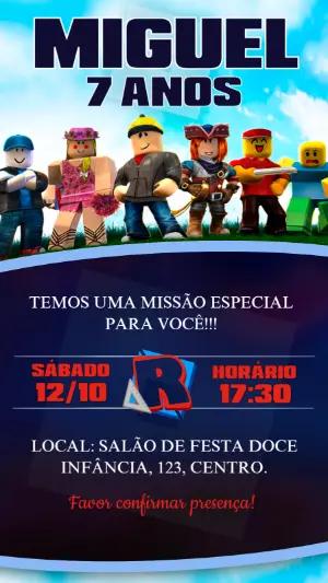Convite de Aniversário Roblox com Personagens para Editar