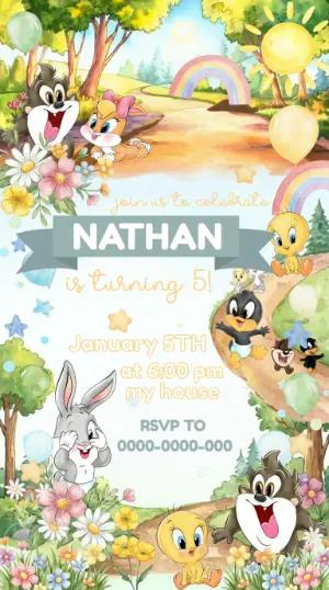 Cute Baby Looney Tunes Birthday Invitation, Editable Template
