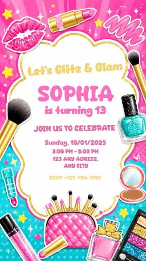Glam Makeup Birthday Party Invitation - Editable Template