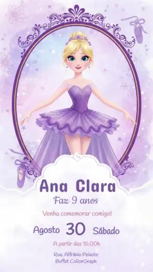 Convite Digital Aniversário Tema Bailarina Roxo Editável