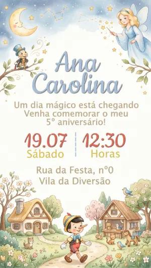 Convite de Aniversário Pinóquio Aquarela Editável