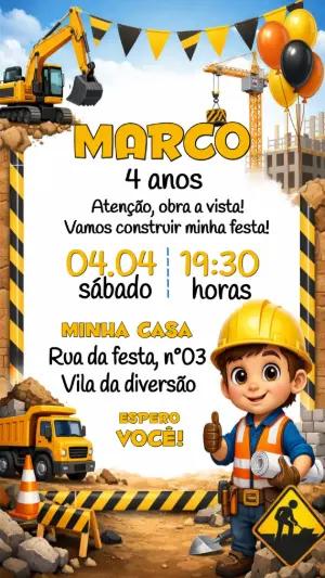 Convite de Aniversário Construção Menino Editável