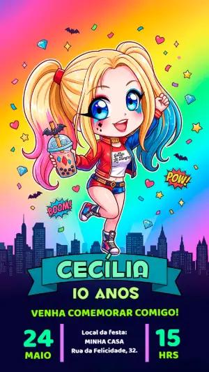Convite de Aniversário Arlequina Chibi Editável