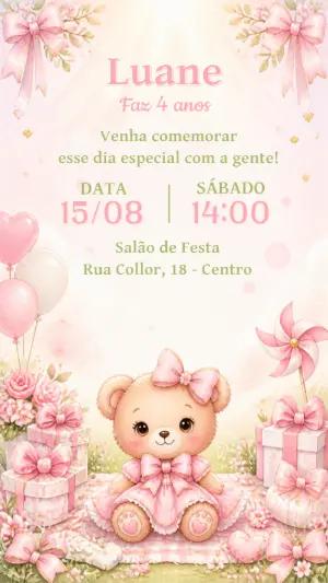 Convite de Aniversário Ursinha Rosa Modelo Editável