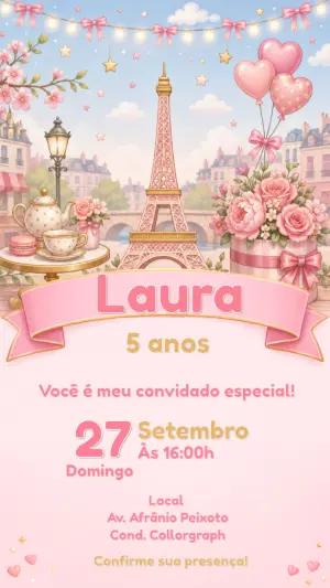Convite Aniversário Paris Rosa Editável para Menina