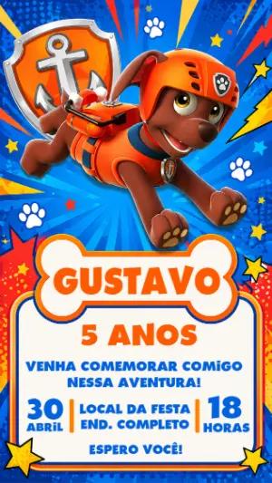 Convite Digital Patrulha Canina Zuma Aventura Editável