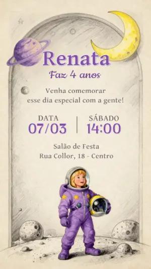 Convite de Aniversário Astronauta Menina Editável
