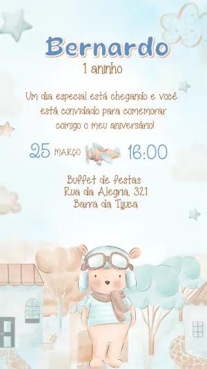 Convite de Aniversário Ursinho Aviador Aquarela Editável