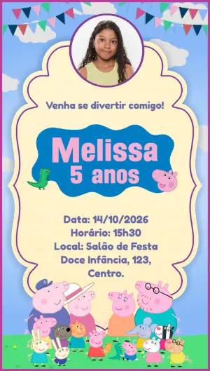Convite de Aniversário Peppa Pig com Foto para Editar