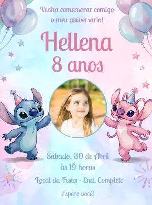 Convite de Aniversário Stitch e Angel Aquarela para Editar