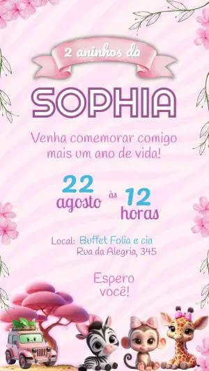 Convite de Aniversário Safari Rosa Animais Fofos Editável