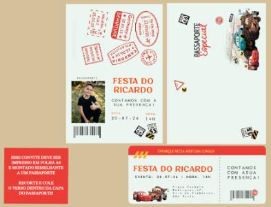 Convite de Aniversário Carros estilo Passaporte para editar