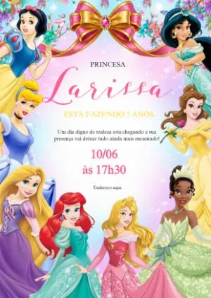 Convite de Aniversário Princesas da Disney Colorido para Editar