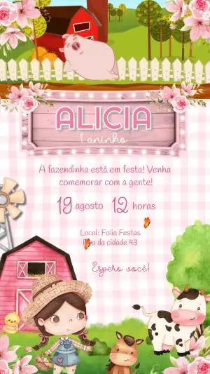 Vídeo Convite Animado Fazendinha Rosa para Aniversário Editável