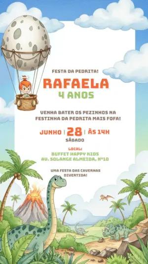 Convite Digital Aniversário Pedrita e Dinossauros Editável