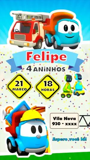 Convite de Aniversário Léo o Caminhão Colorido para Editar