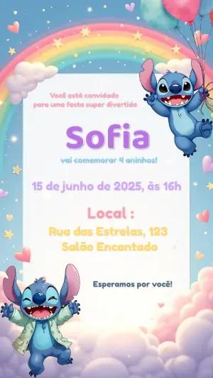 Convite Aniversário Stitch com Arco-Íris para Editar Online