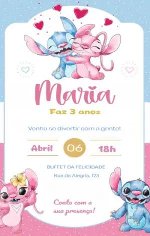 Convite Aniversário Stitch e Angel para Editar Online