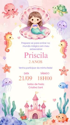 Convite de Aniversário Sereia Aquarela Editável