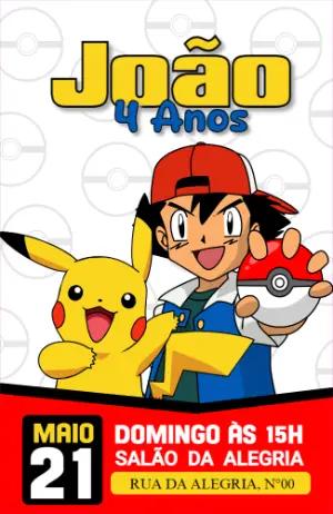 Convite de Aniversário Pokémon com Ash e Pikachu para Editar