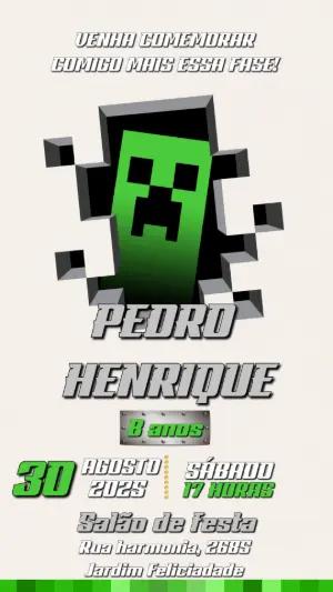 Convite de Aniversário Minecraft com Creeper para Editar Online