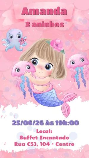 Convite de Aniversário Sereia Aquarela Editável