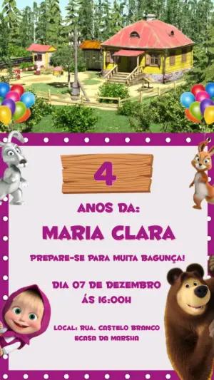 Convite Animado Masha e o Urso para Aniversário Infantil Editável