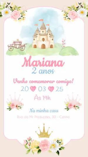 Convite Aniversário Princesa com Castelo para Editar Online