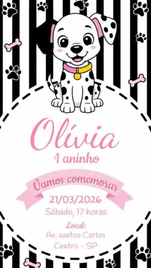Convite de Aniversário Dálmata Preto e Rosa para Editar
