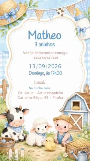 Convite Editável Aniversário Fazendinha Azul para Menino