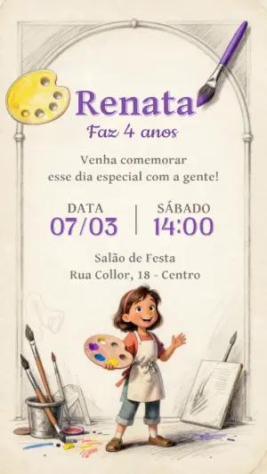 Convite de Aniversário Tema Pintura para Menina Editável