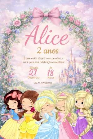 Convite de Aniversário Princesas da Disney Floral para Editar