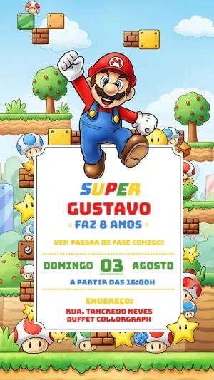 Convite Aniversário Super Mario com Personagens para Editar Online