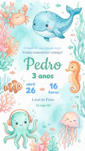 Convite de Aniversário Fundo do Mar Aquarela para Editar