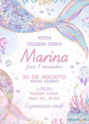 Convite de Aniversário Sereia Aquarela Editável para Menina