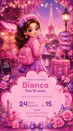 Convite de Aniversário Paris Rosa com Menina Editável