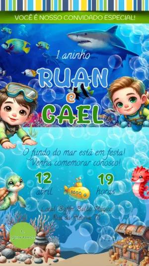 Convite Aniversário Duplo Fundo do Mar para Editar Online