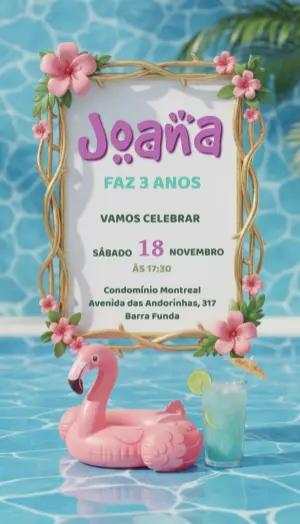 Convite de Aniversário Festa na Piscina com Flamingo 3D Editável