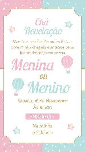 Convite Chá Revelação Balões Rosa e Azul para Editar Online