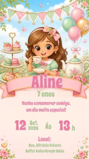 Convite de Aniversário Chá da Tarde Menina Editável